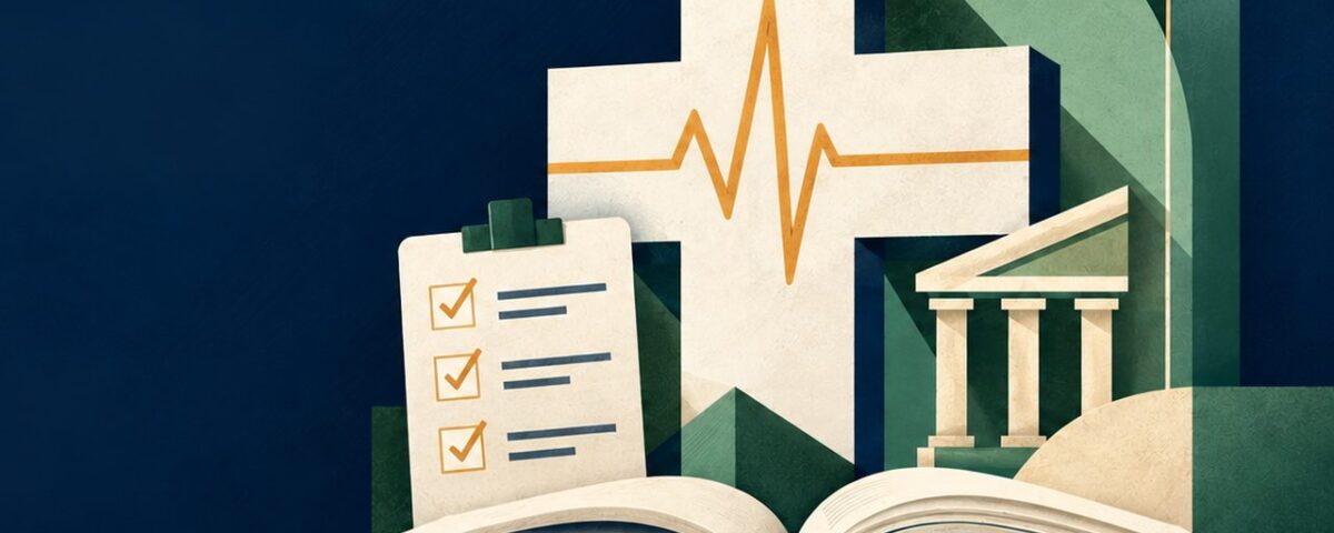 Medical cross with heartbeat line, checklist and institution rising from an open rulebook