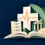 Medical cross with heartbeat line, checklist and institution rising from an open rulebook