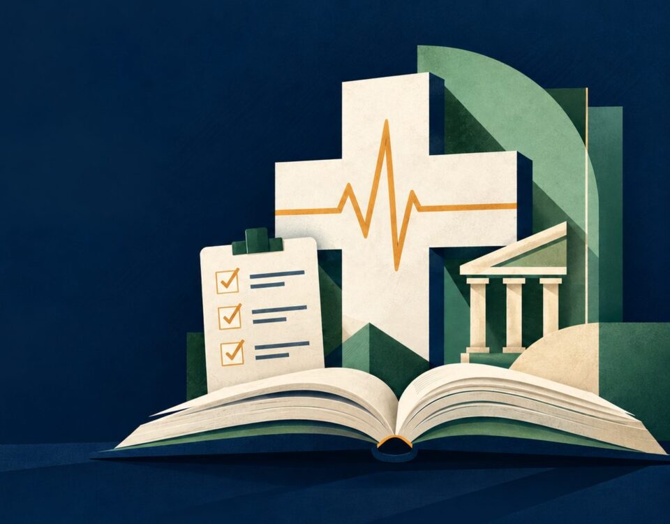 Medical cross with heartbeat line, checklist and institution rising from an open rulebook