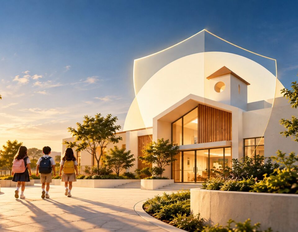 Children walking towards a school building protected by a translucent shield